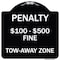 Signmission Penalty $100-$500 Fine Tow-Away Zone Heavy-Gauge Aluminum Sign, 18" x 18", BW-1818-23334 A-DES-BW-1818-23334 - alternate 1